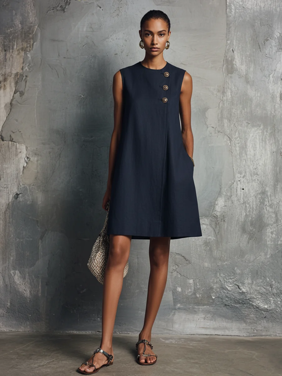 Estela - Minivestido de lino azul marino, cuello redondo, sin mangas
