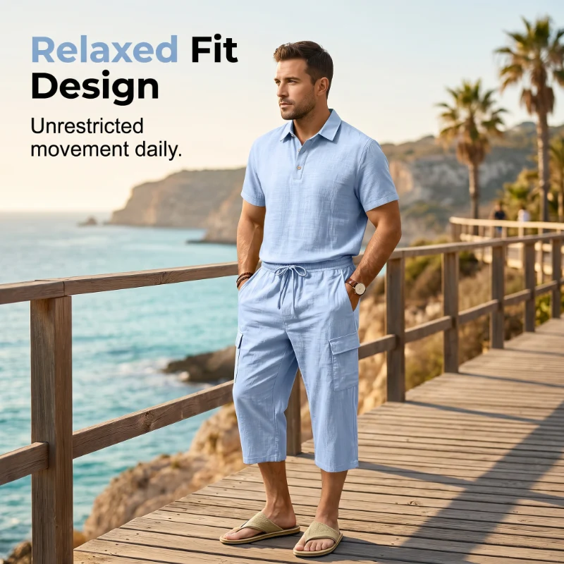 Sevilla - Conjunto de lino de verano para hombre: camisa holgada y pantalones cortos cargo, conjunto de dos piezas