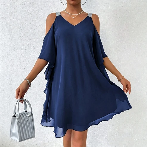 Macarena - Vestido largo de mujer con escote en V y diseño de hombros descubiertos.