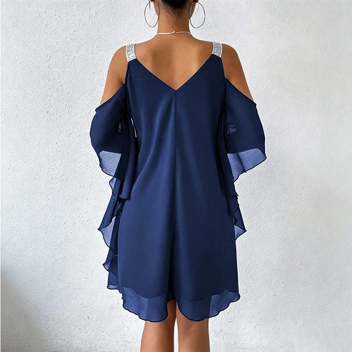 Macarena - Vestido largo de mujer con escote en V y diseño de hombros descubiertos.