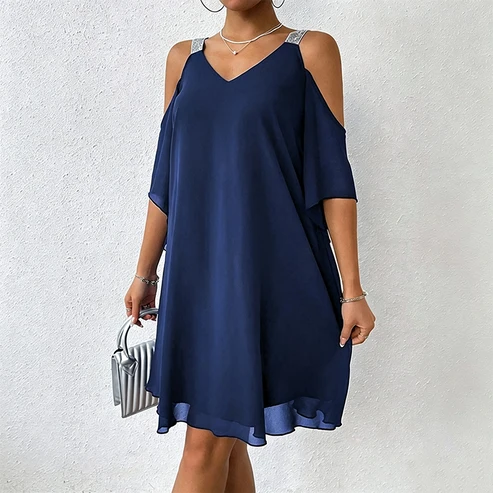 Macarena - Vestido largo de mujer con escote en V y diseño de hombros descubiertos.
