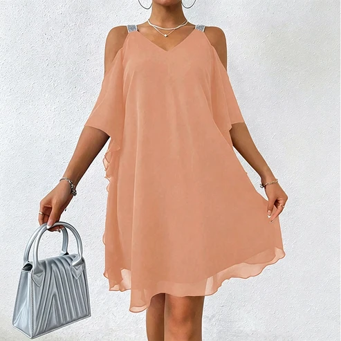 Macarena - Vestido largo de mujer con escote en V y diseño de hombros descubiertos.