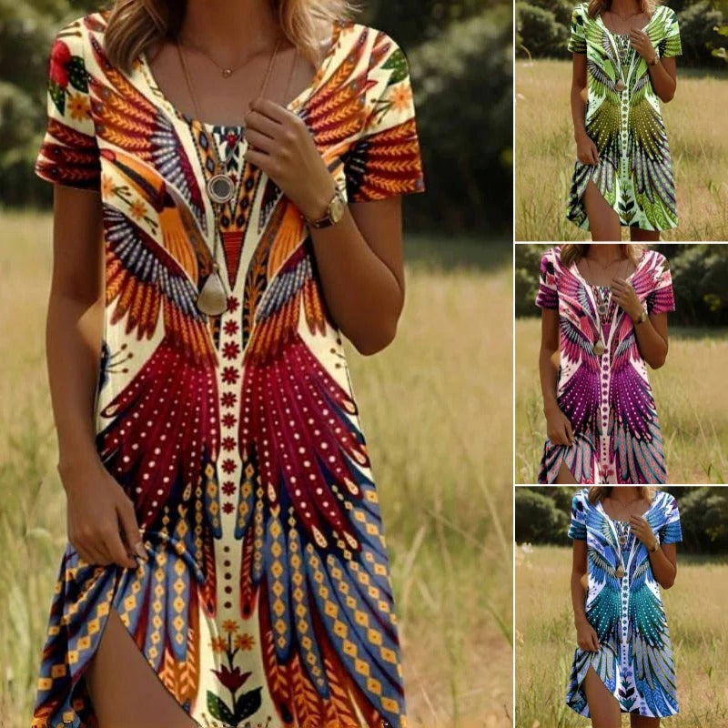 Carmen- Vestido de mujer de manga corta con estampado de pavo real y flores