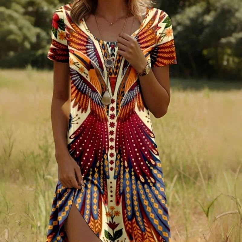 Carmen- Vestido de mujer de manga corta con estampado de pavo real y flores