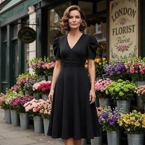 Cloe - Elegante vestido de talle alto con escote en V y mangas abullonadas