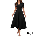 Cloe - Elegante vestido de talle alto con escote en V y mangas abullonadas