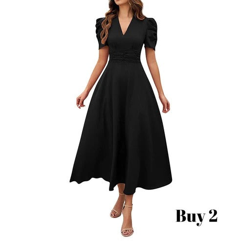 Cloe - Elegante vestido de talle alto con escote en V y mangas abullonadas