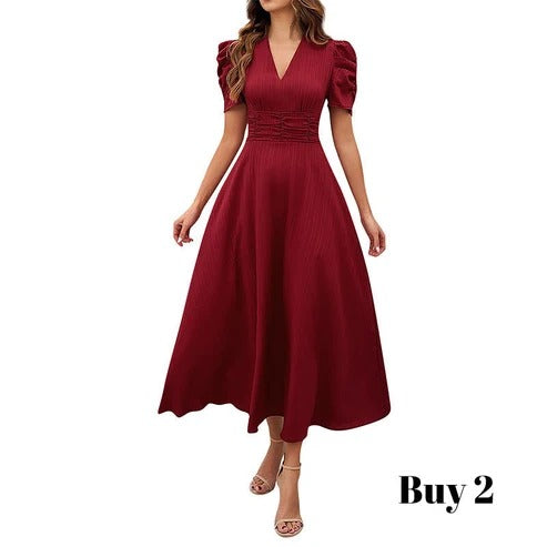 Cloe - Elegante vestido de talle alto con escote en V y mangas abullonadas