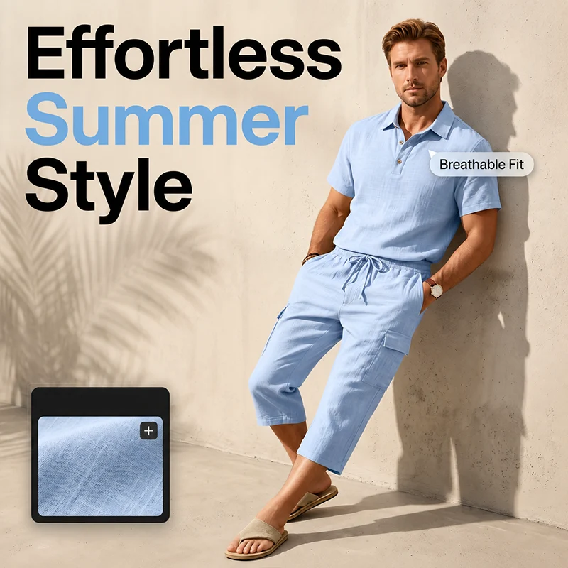 Sevilla - Conjunto de lino de verano para hombre: camisa holgada y pantalones cortos cargo, conjunto de dos piezas