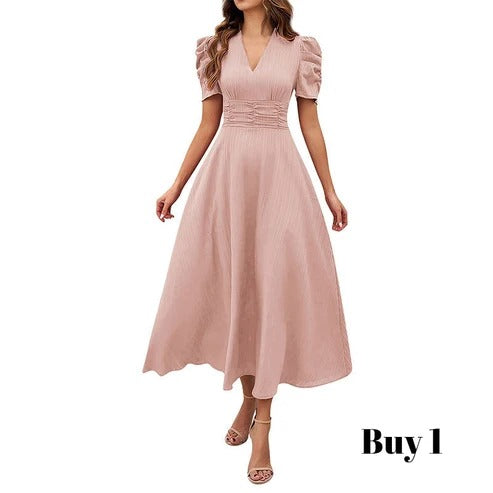 Cloe - Elegante vestido de talle alto con escote en V y mangas abullonadas