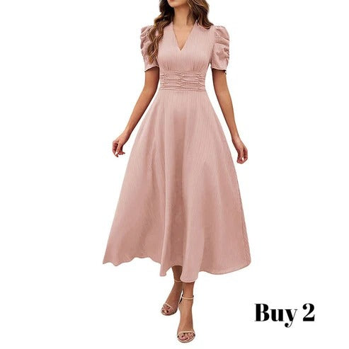 Cloe - Elegante vestido de talle alto con escote en V y mangas abullonadas