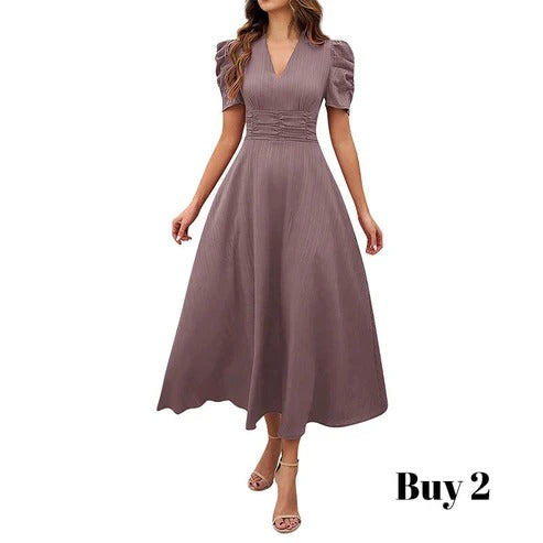 Cloe - Elegante vestido de talle alto con escote en V y mangas abullonadas