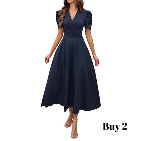 Cloe - Elegante vestido de talle alto con escote en V y mangas abullonadas