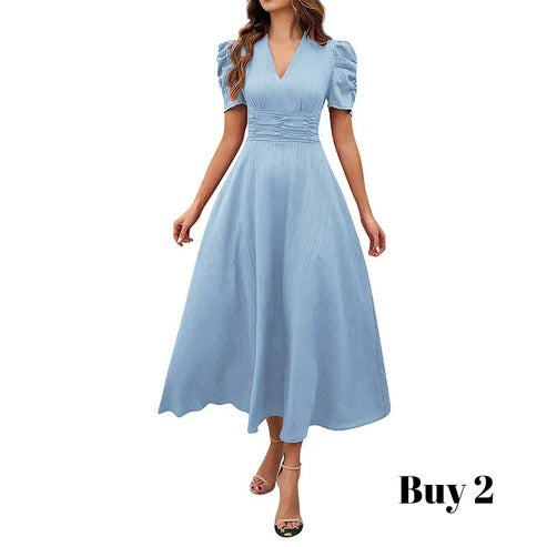 Cloe - Elegante vestido de talle alto con escote en V y mangas abullonadas