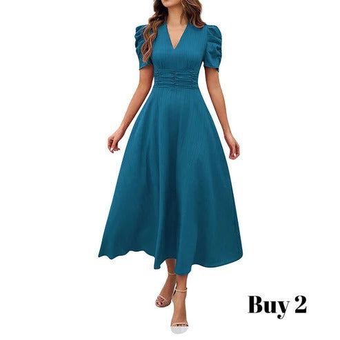 Cloe - Elegante vestido de talle alto con escote en V y mangas abullonadas