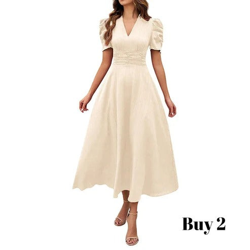 Cloe - Elegante vestido de talle alto con escote en V y mangas abullonadas