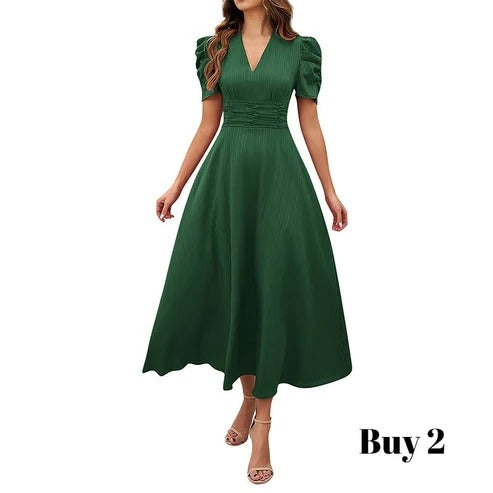 Cloe - Elegante vestido de talle alto con escote en V y mangas abullonadas