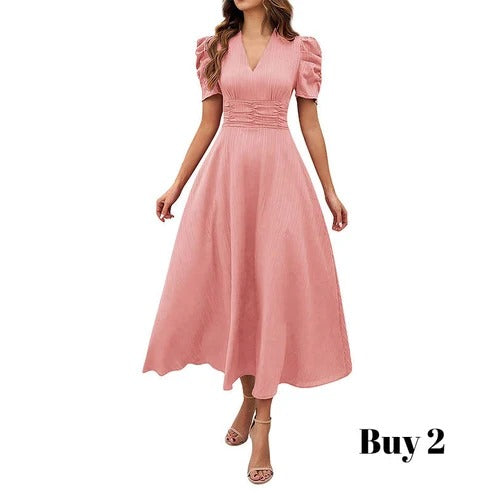 Cloe - Elegante vestido de talle alto con escote en V y mangas abullonadas