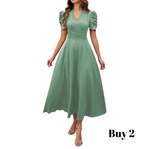 Cloe - Elegante vestido de talle alto con escote en V y mangas abullonadas