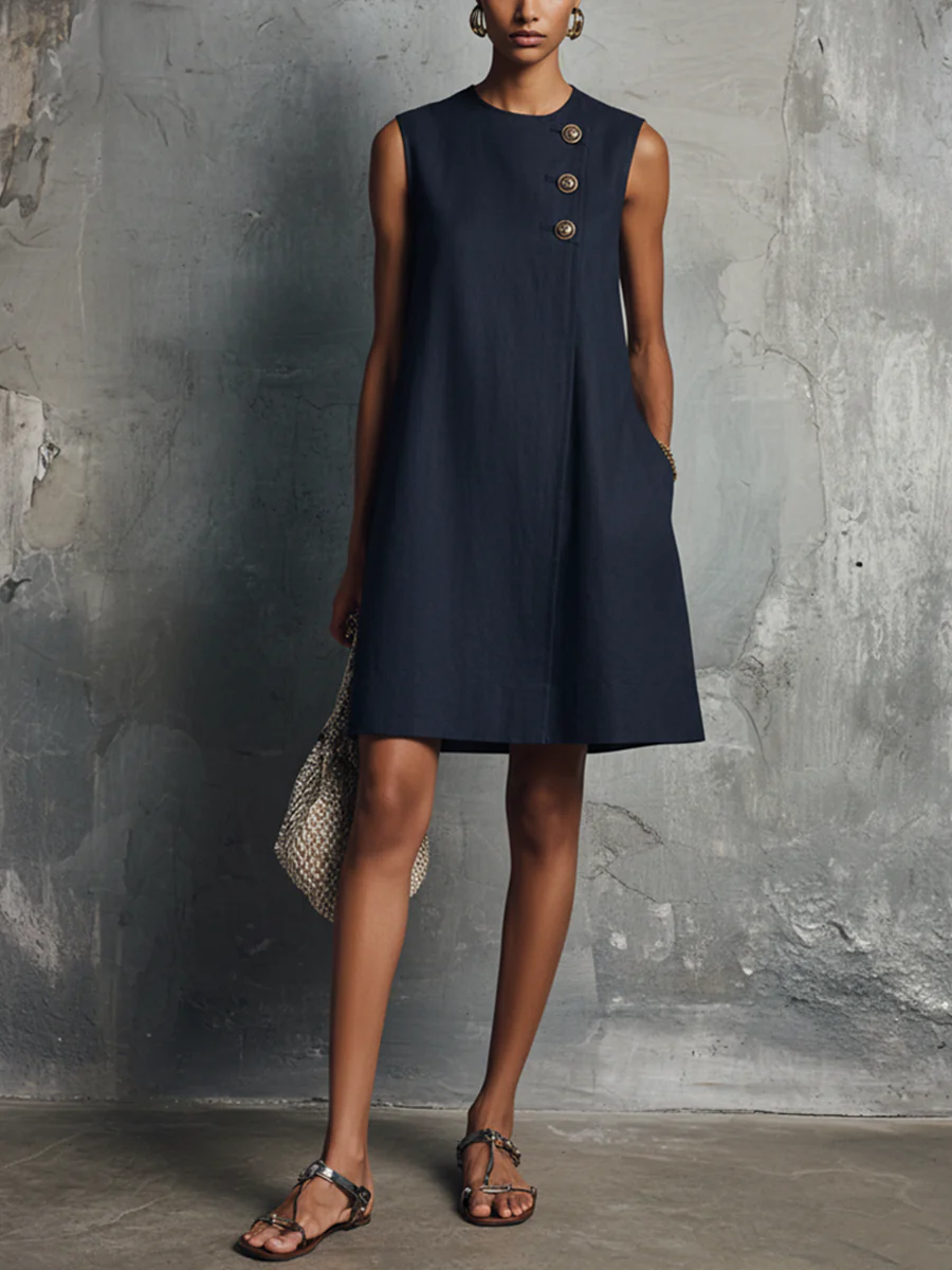 Estela - Minivestido de lino azul marino, cuello redondo, sin mangas