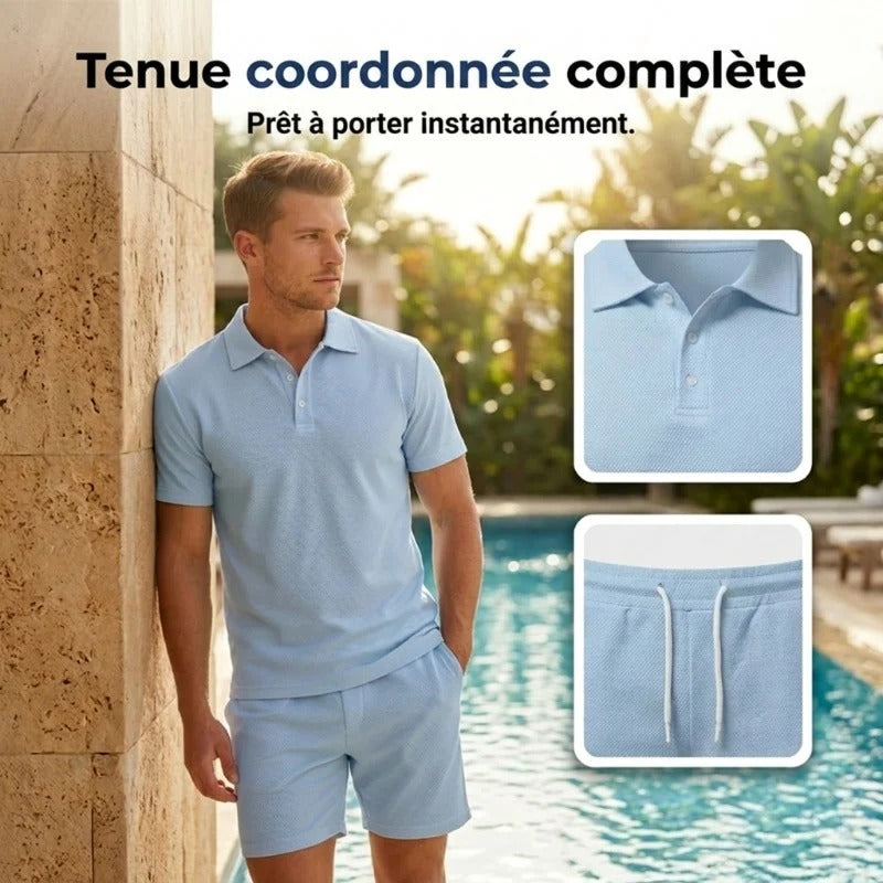 Córdoba - Conjunto de dos piezas para hombre, ideal para el verano, compuesto por un polo y unos pantalones cortos.
