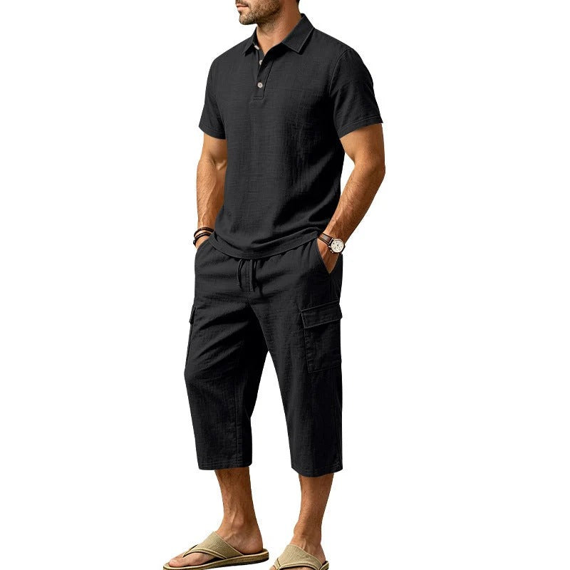 Sevilla - Conjunto de lino de verano para hombre: camisa holgada y pantalones cortos cargo, conjunto de dos piezas