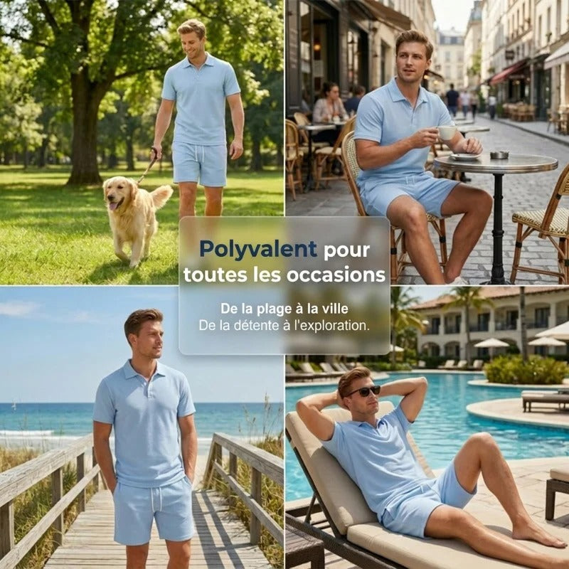 Córdoba - Conjunto de dos piezas para hombre, ideal para el verano, compuesto por un polo y unos pantalones cortos.