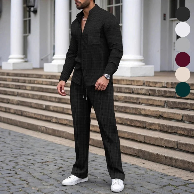 Cádiz - Conjunto de 2 piezas de camisa y pantalón de tela waffle casual