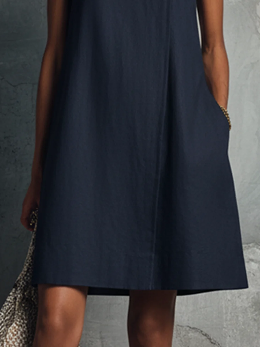 Estela - Minivestido de lino azul marino, cuello redondo, sin mangas