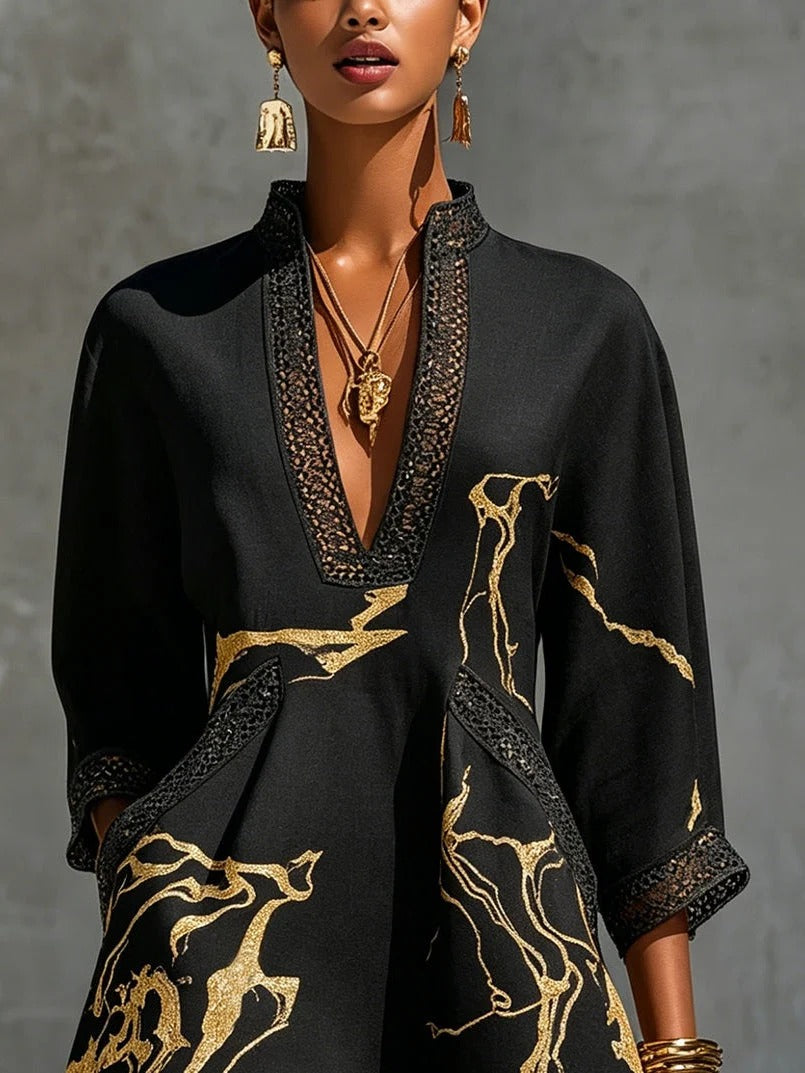 Gracia - Minivestido negro con estampado de mármol dorado y encaje de ganchillo