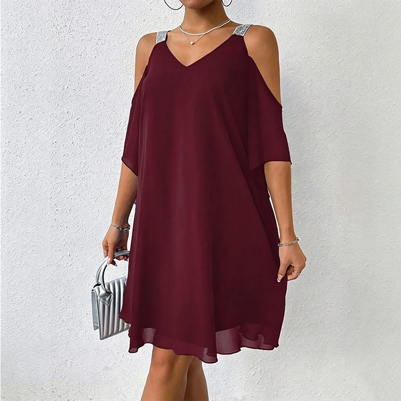 Macarena - Vestido largo de mujer con escote en V y diseño de hombros descubiertos.