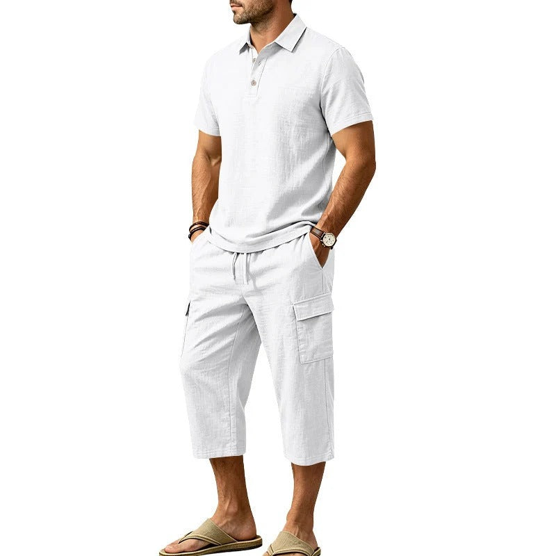 Sevilla - Conjunto de lino de verano para hombre: camisa holgada y pantalones cortos cargo, conjunto de dos piezas
