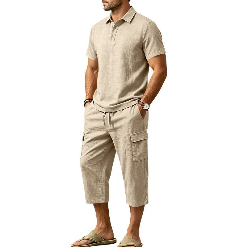 Sevilla - Conjunto de lino de verano para hombre: camisa holgada y pantalones cortos cargo, conjunto de dos piezas