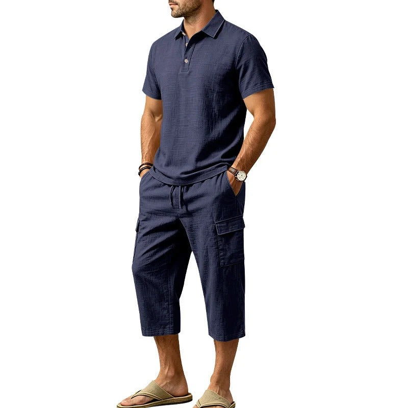 Sevilla - Conjunto de lino de verano para hombre: camisa holgada y pantalones cortos cargo, conjunto de dos piezas
