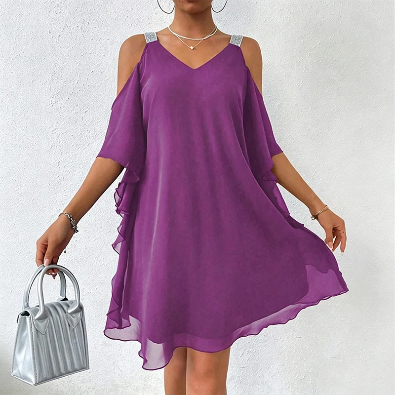Macarena - Vestido largo de mujer con escote en V y diseño de hombros descubiertos.