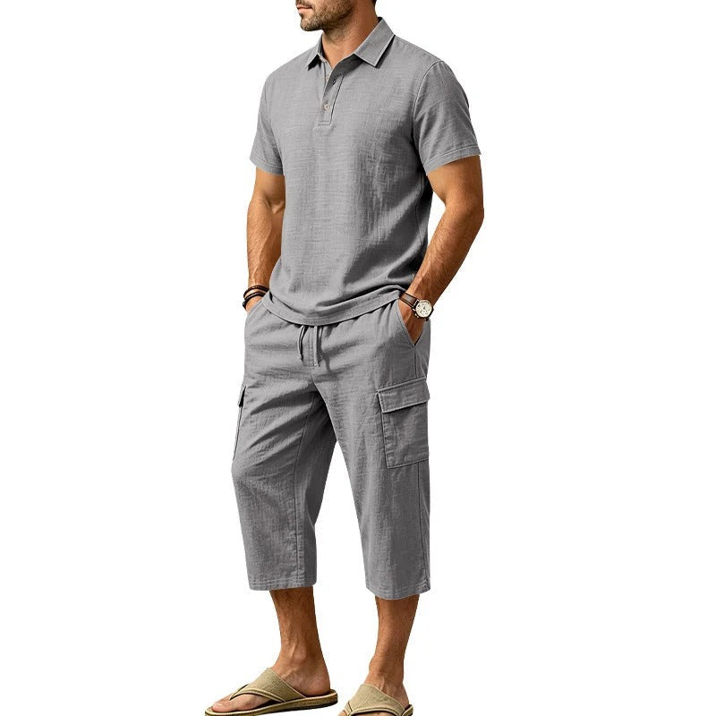 Sevilla - Conjunto de lino de verano para hombre: camisa holgada y pantalones cortos cargo, conjunto de dos piezas