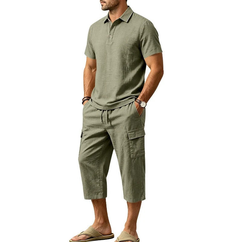 Sevilla - Conjunto de lino de verano para hombre: camisa holgada y pantalones cortos cargo, conjunto de dos piezas