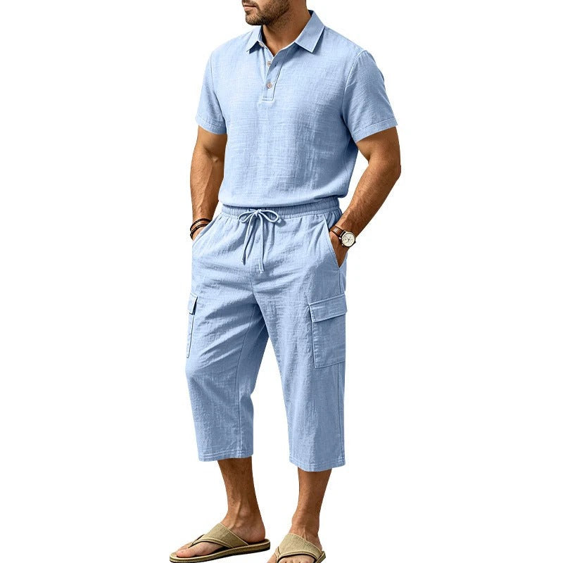 Sevilla - Conjunto de lino de verano para hombre: camisa holgada y pantalones cortos cargo, conjunto de dos piezas
