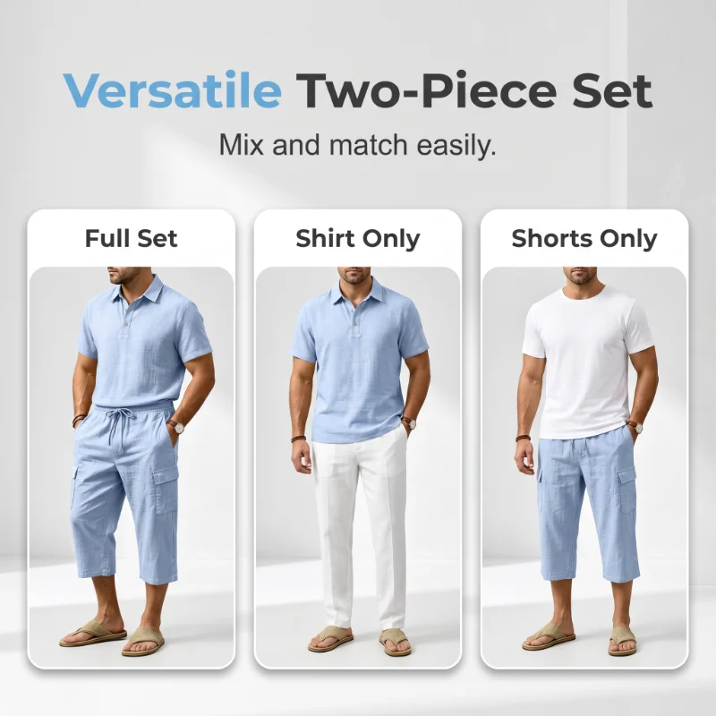 Sevilla - Conjunto de lino de verano para hombre: camisa holgada y pantalones cortos cargo, conjunto de dos piezas