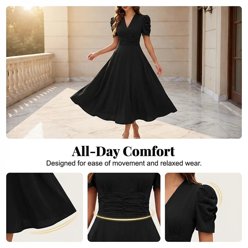 Cloe - Elegante vestido de talle alto con escote en V y mangas abullonadas