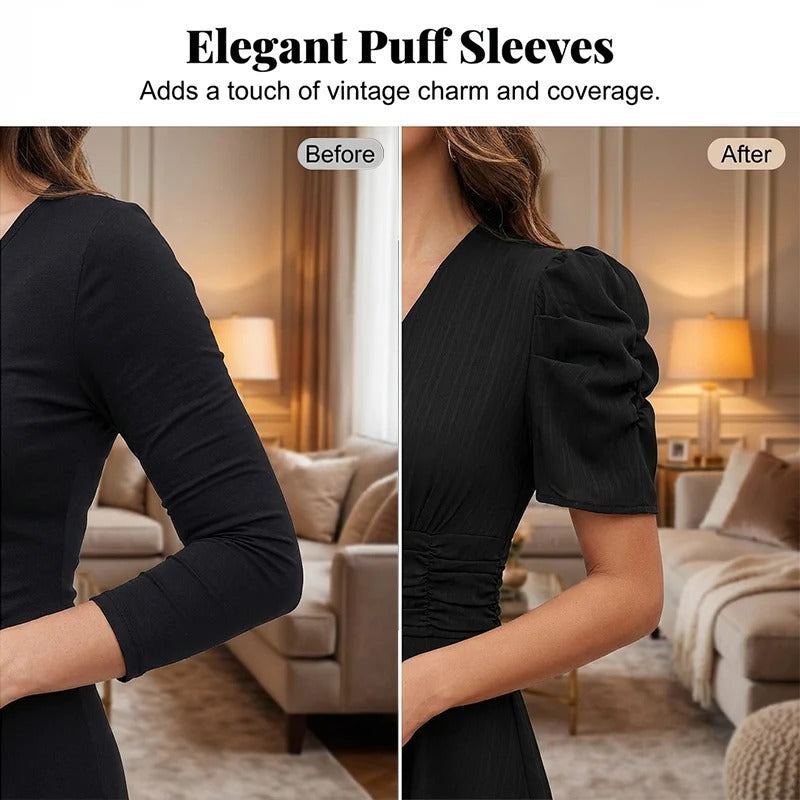 Cloe - Elegante vestido de talle alto con escote en V y mangas abullonadas