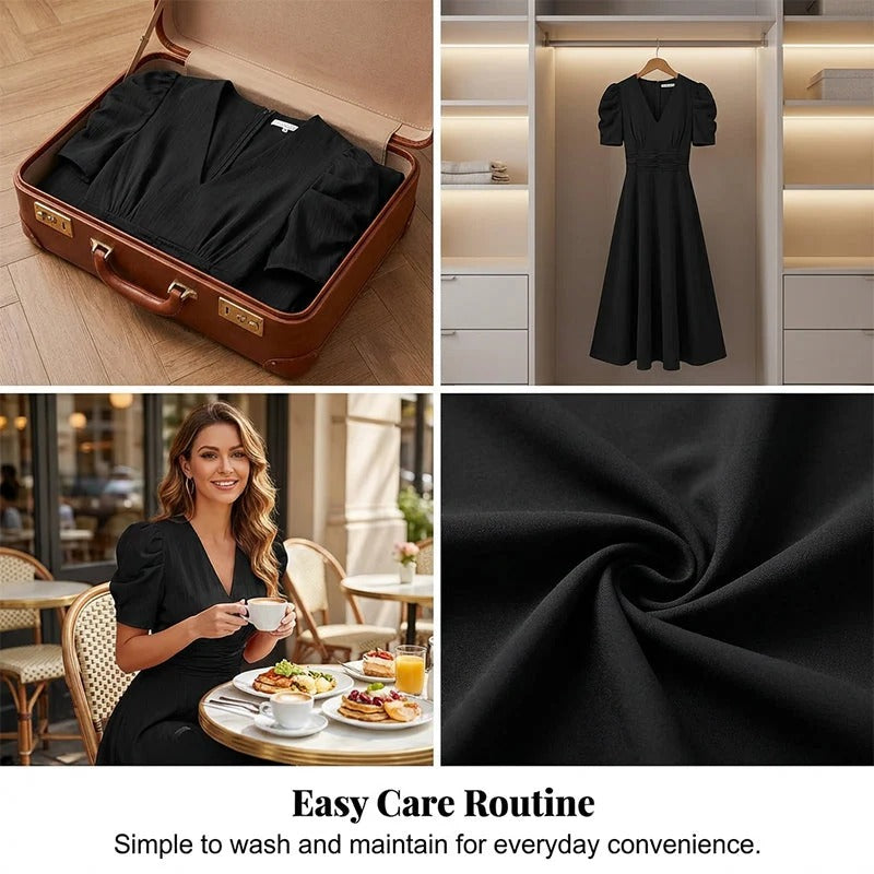 Cloe - Elegante vestido de talle alto con escote en V y mangas abullonadas
