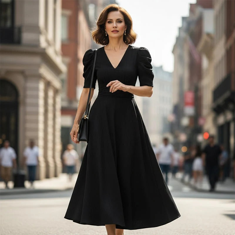 Cloe - Elegante vestido de talle alto con escote en V y mangas abullonadas